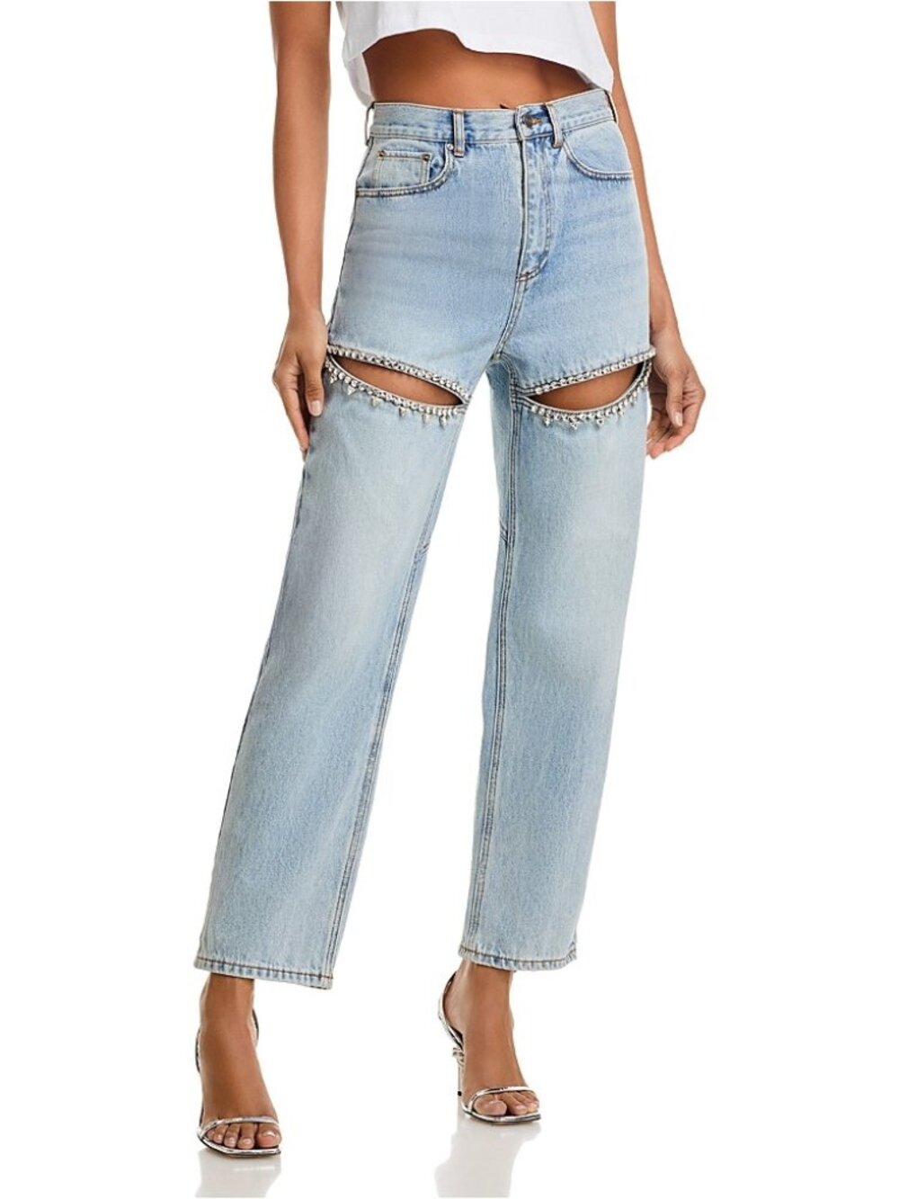 AREA Crystal Slit Jeans Light Blue Crystal Embellished Size 29 NWT